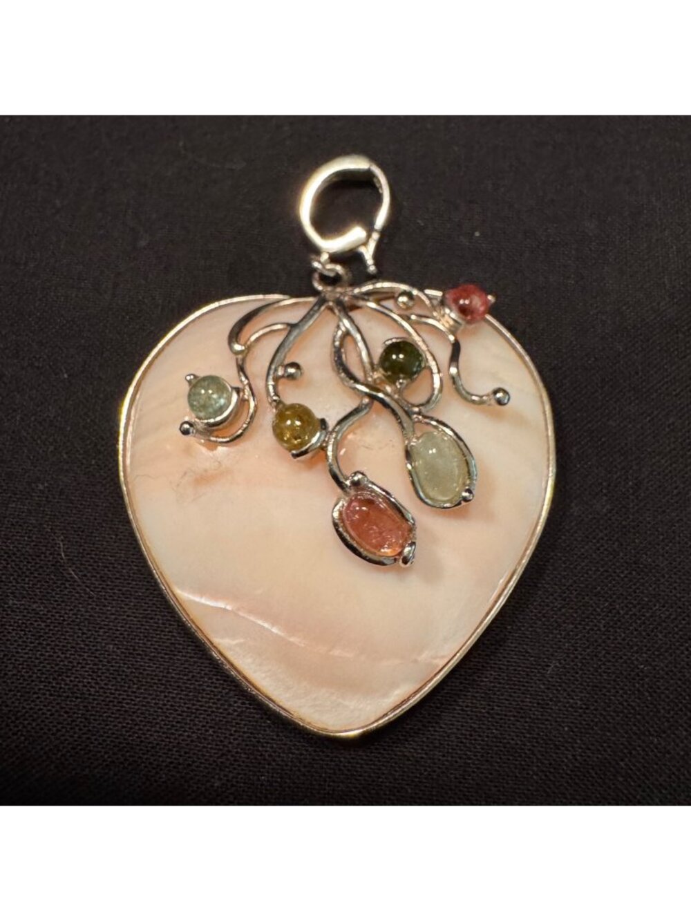 Sterling Silver 925 Mother of Pearl Multi-Gemstone Accent Heart Pendant 2.25"